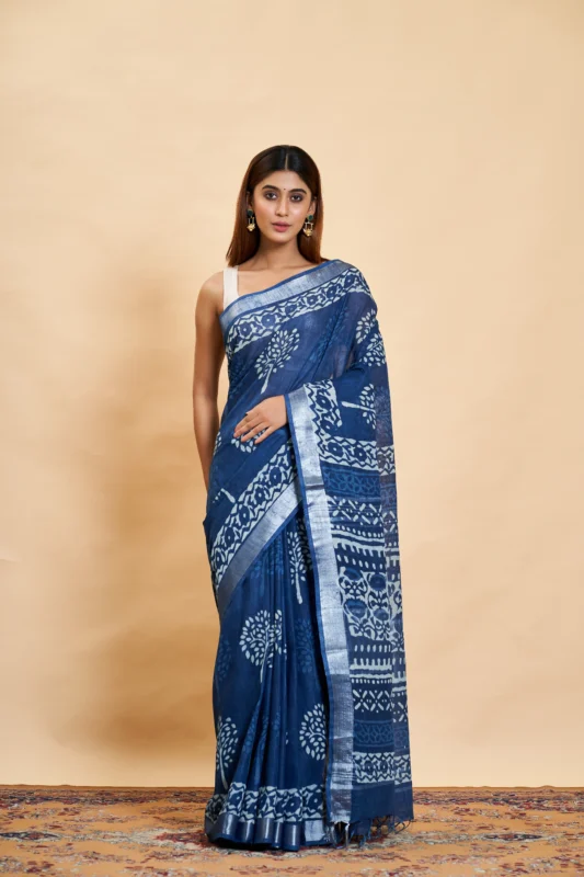 Buy Cotton Linen Dabu Printed Saree - Handprinted by Satishree