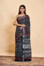 Cotton Linen Black Dabu Printed Saree