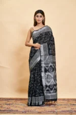 Cotton Linen Black Dabu Printed Saree