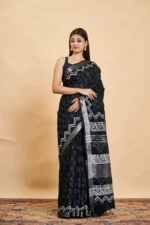 Cotton Linen Black Dabu Printed Saree